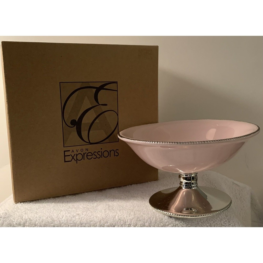 Avon Expressions 2008 Candy Dish Bonbonierre  5" Pink and  Silver Chrome  Box
